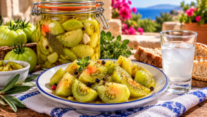Σερβιρισμένες ντομάτες τουρσί με πράσινες ντομάτες